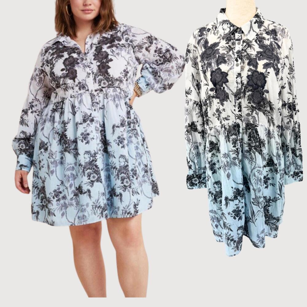 Anthro Floral Ombré Babydoll Shirt Dress Blue White 14P